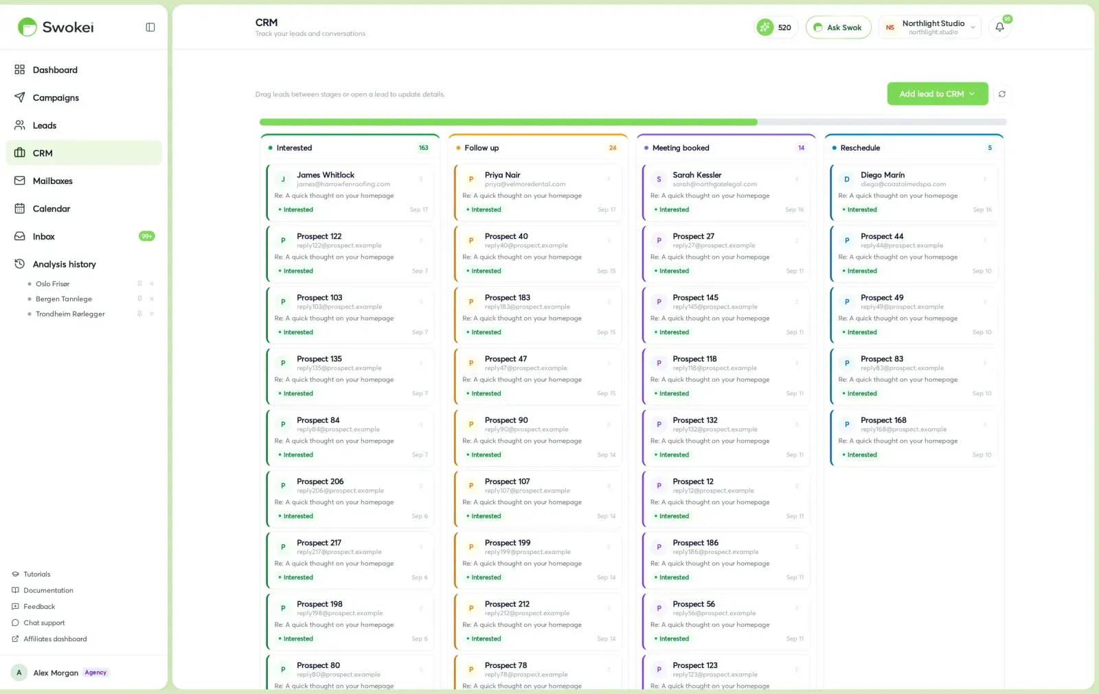 Swokei's built-in CRM — replied leads tracked across Interested, Follow up, Meeting booked and Reschedule stages
