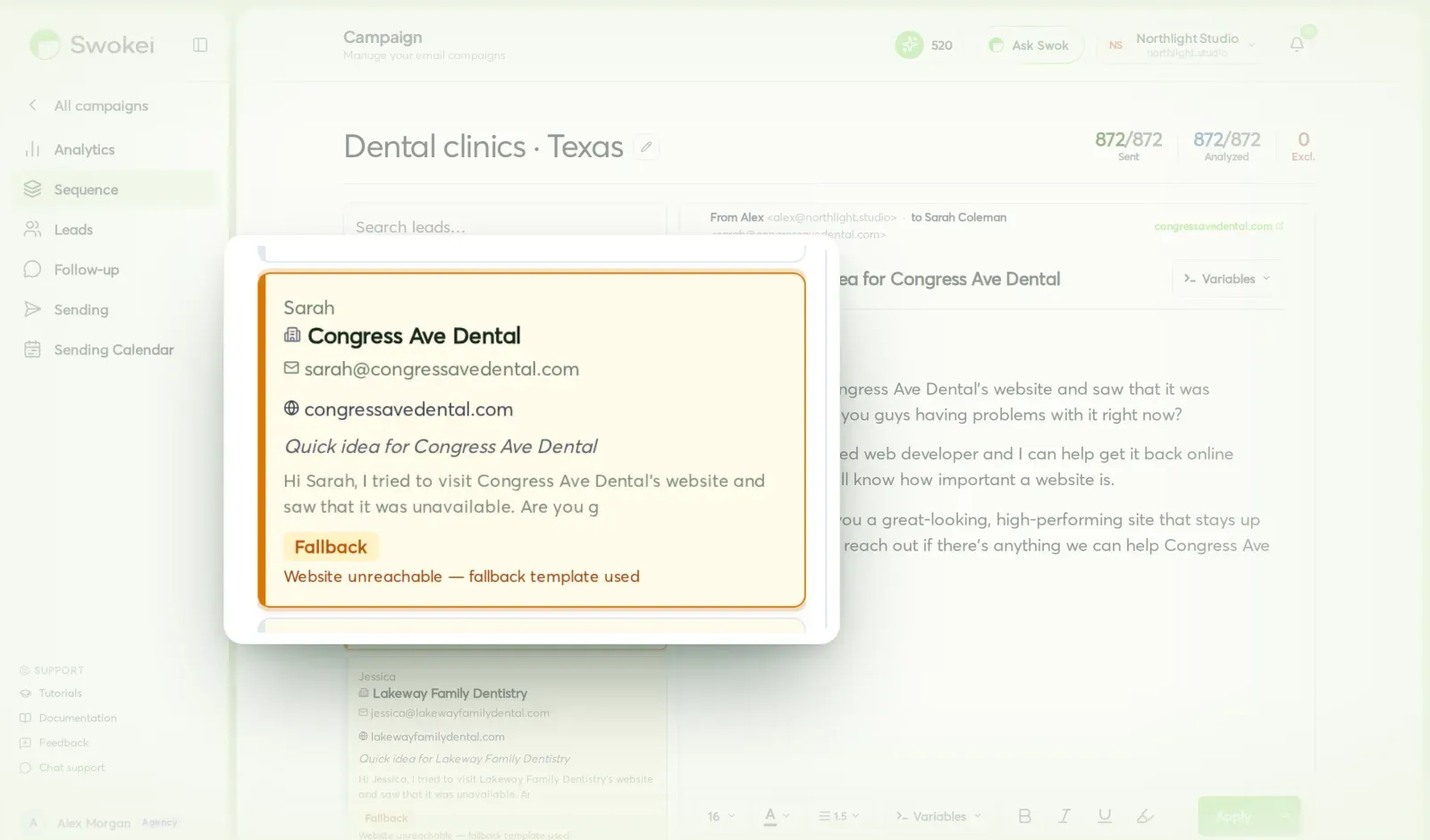 A lead in the campaign sequence marked with a Fallback badge — website unreachable, fallback template used