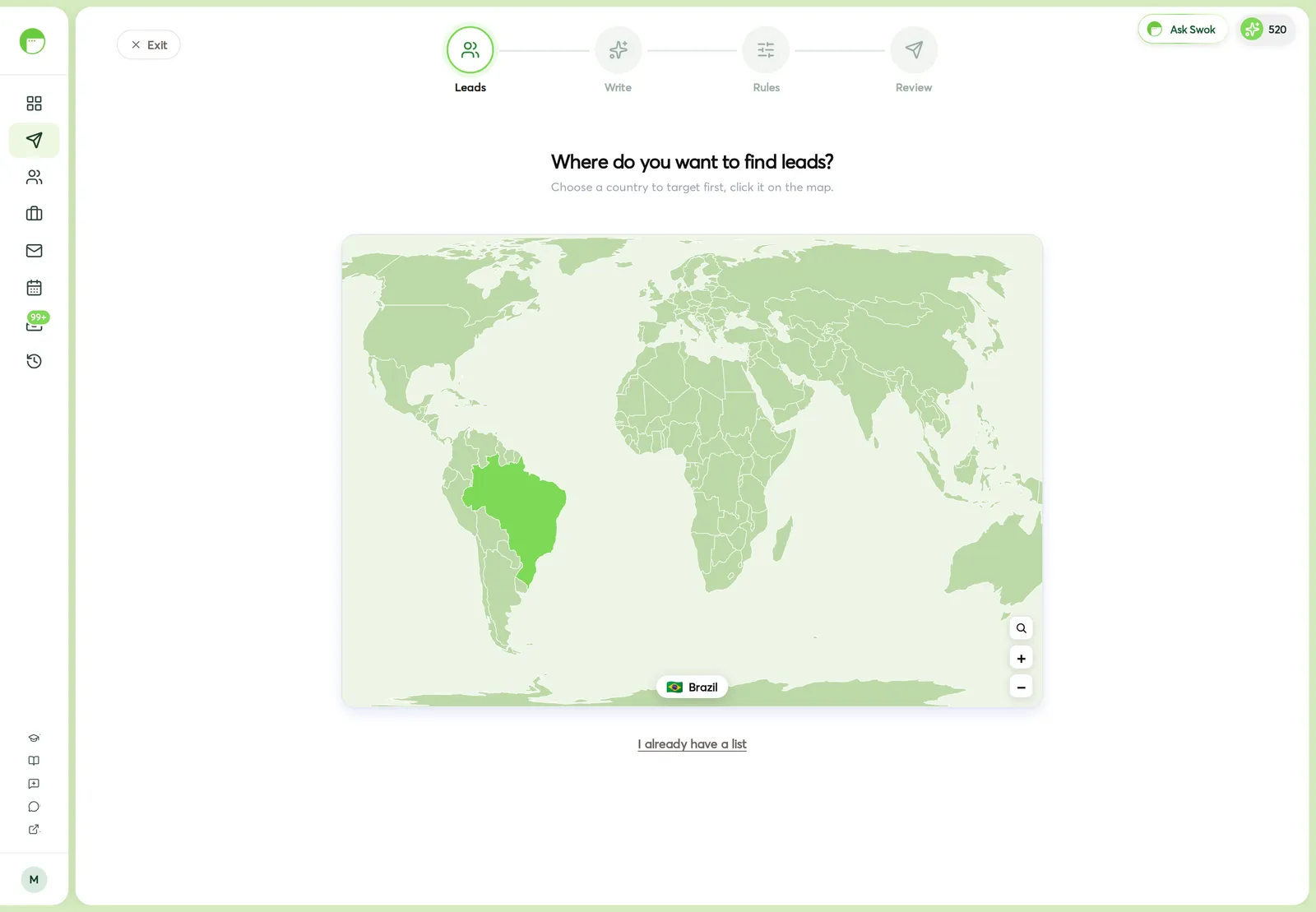 The Find leads step — choose a country on the map, add cities, pick an industry, and watch the live count of businesses and verified leads