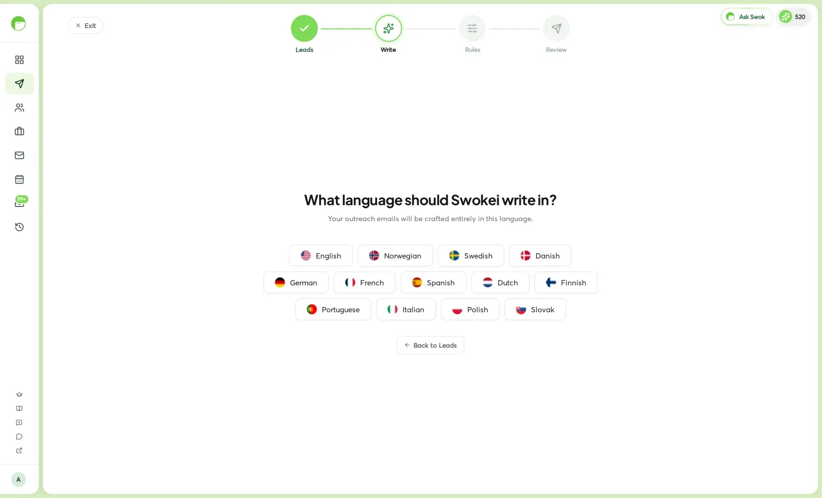 The campaign builder asking which of 13 languages Swokei should write the outreach in