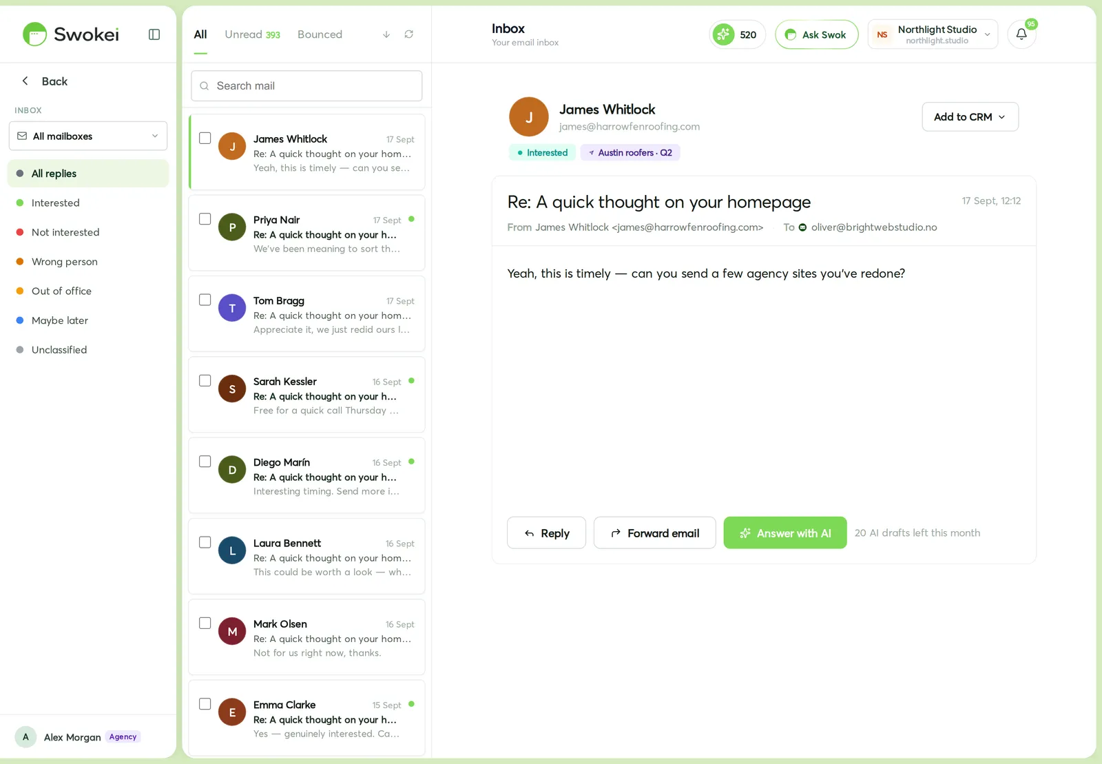 The reply inbox — a list of replies each tagged by intent, with a thread open and a suggested answer