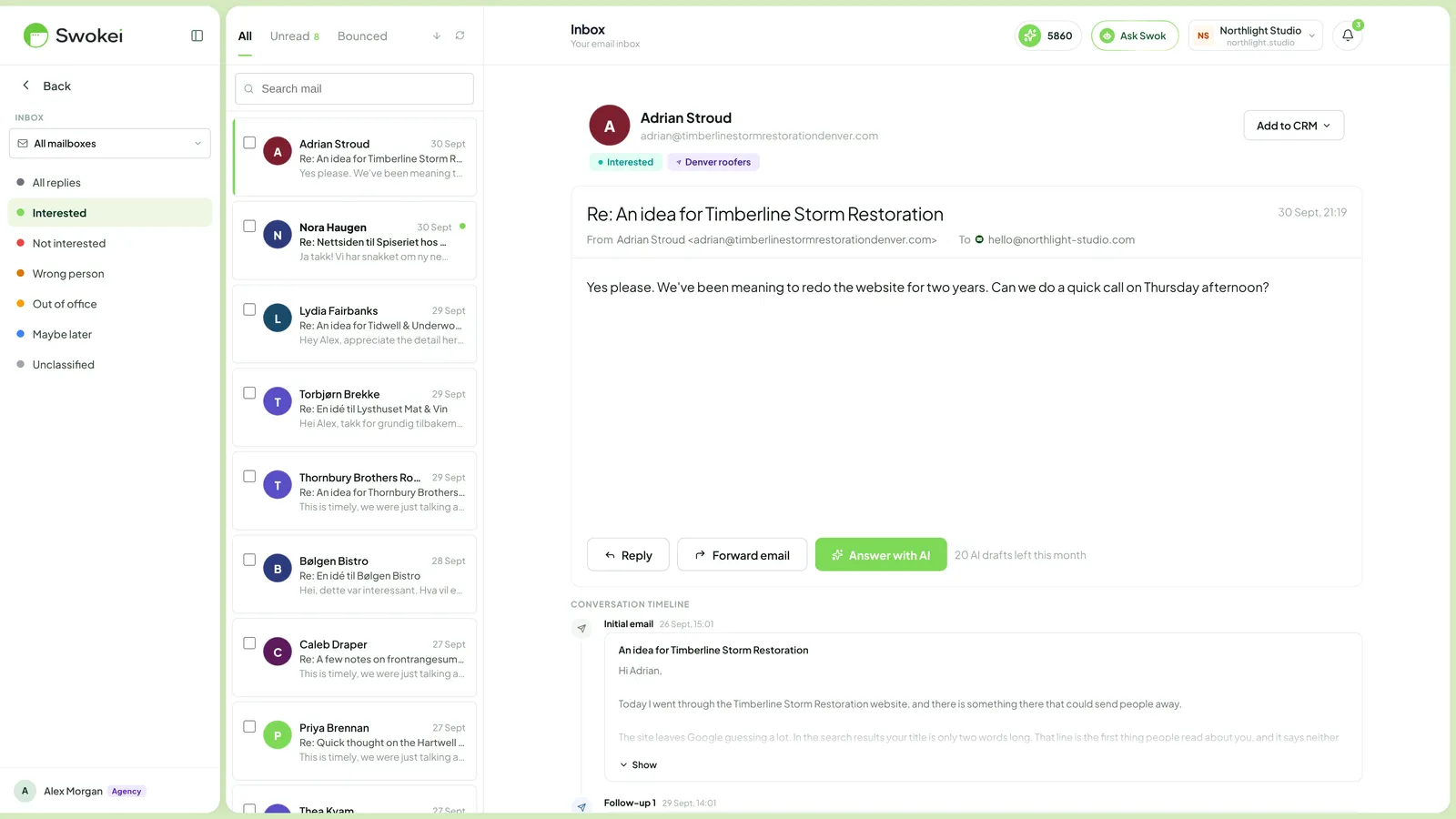 Swokei reply inbox showing a reply thread marked as interested.