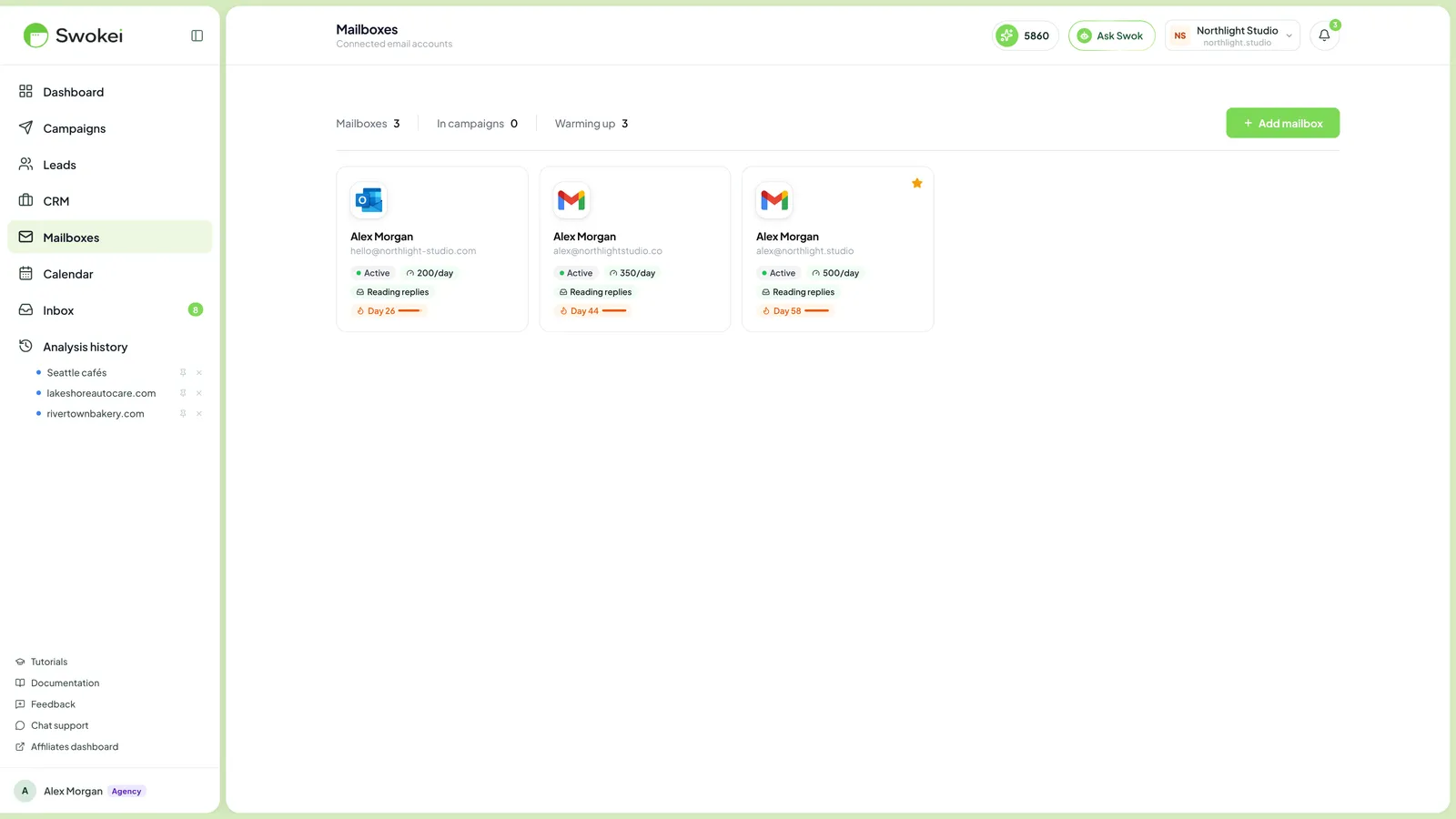 Swokei mailboxes page listing connected sending mailboxes and their status.